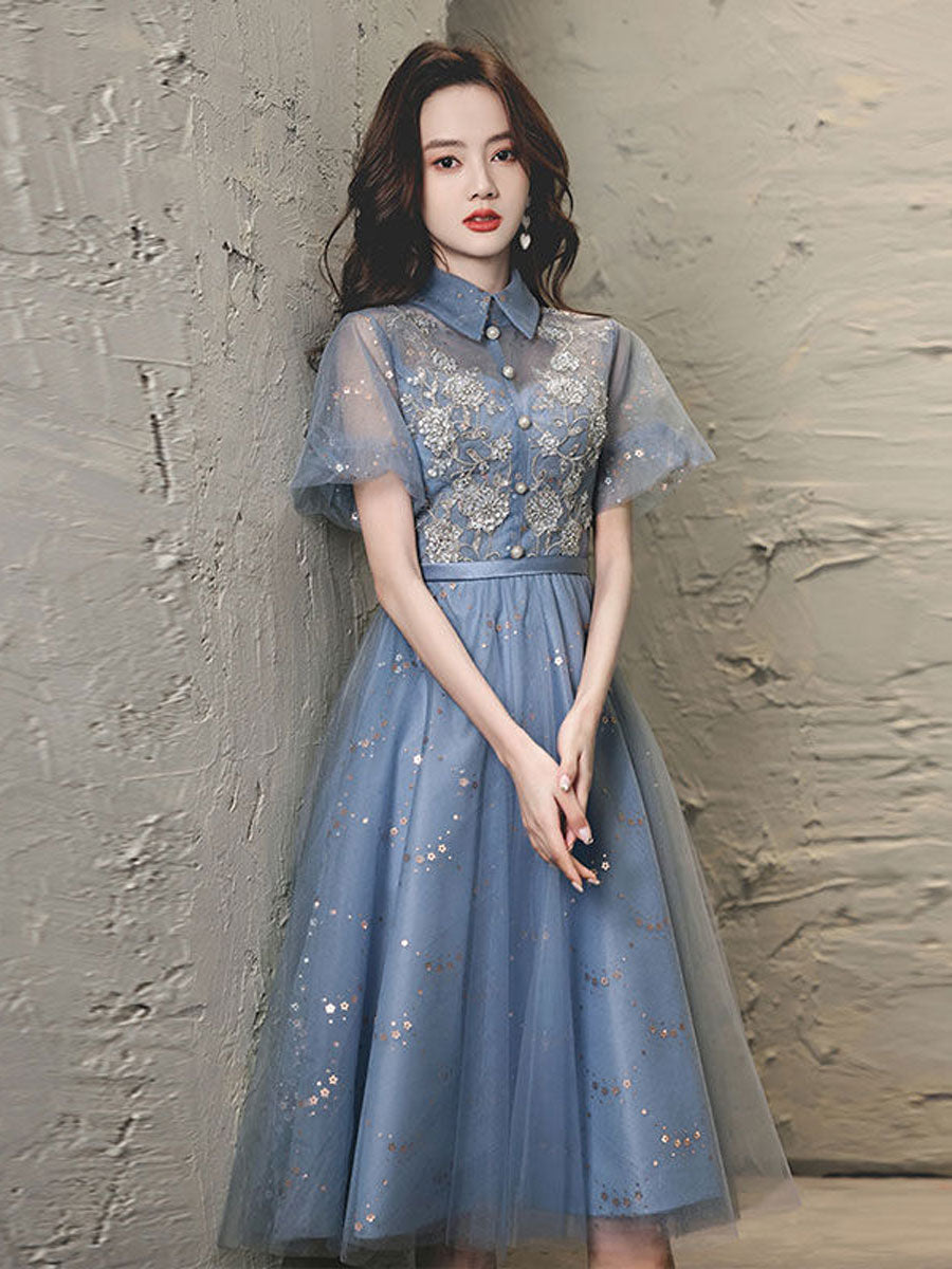 Elegant Blue Tulle Lace Short Prom Dress with Puffy Skirt