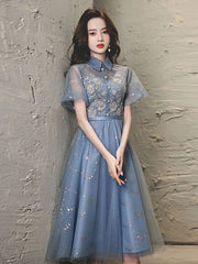 Elegant Blue Tulle Lace Short Prom Dress with Puffy Skirt