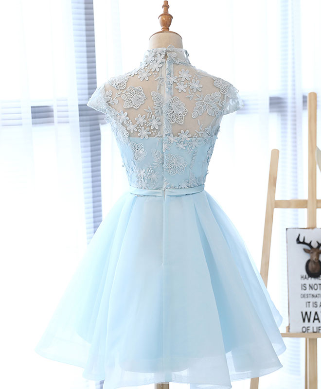 light blue short dress formal tulle lace prom dress, blue homecoming dresstby blue prom short dresses A-Line