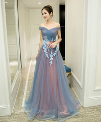 Gray Blue Tulle Off Shoulder Long Evening Prom Dress