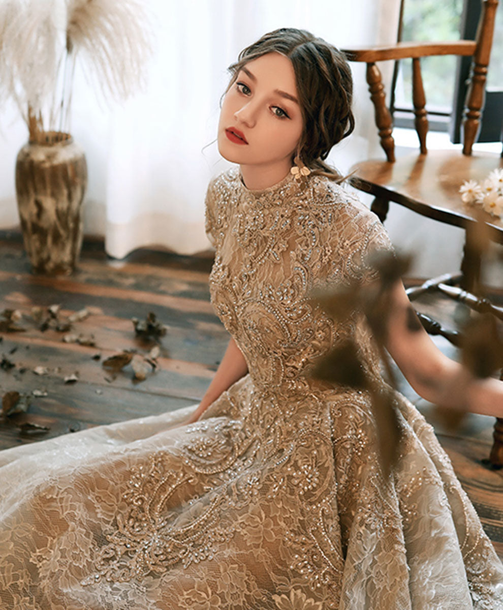 Champagne High Neck Lace Formal Prom Dress US 14 / Champange