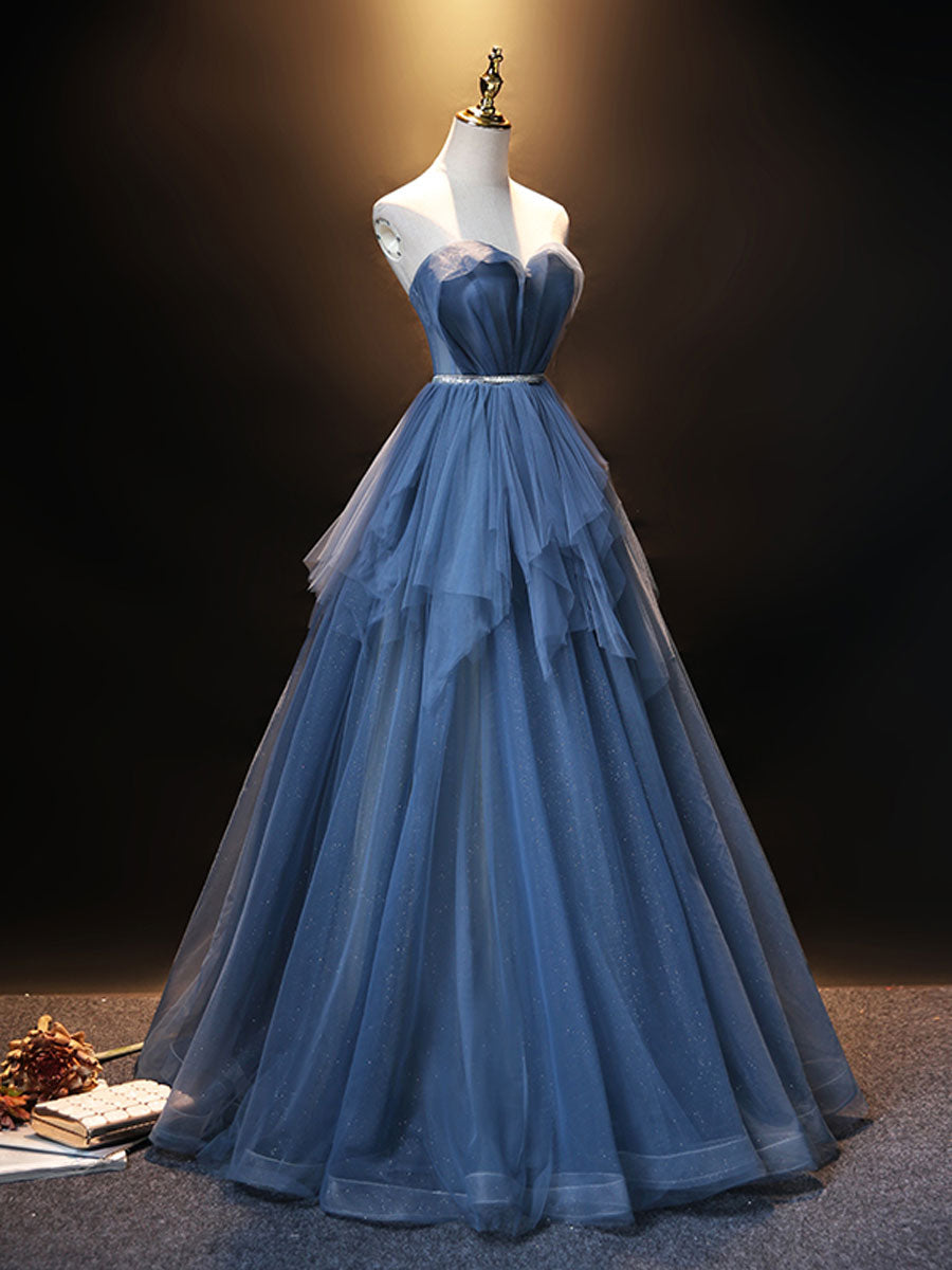 Elegant Blue Sweetheart Neck Tulle Long Prom Evening Dress Floor-Length Glamorous