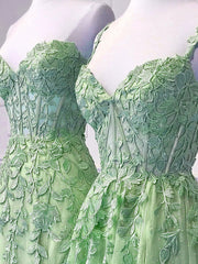 Stunning A-Line Green Tulle Lace Long Prom Evening Dress