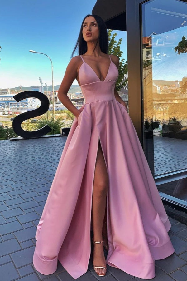 high neck prom dress Elegant V-Neck Prom Dress with High Split, Pockets, and Flowing A-Line Skirt