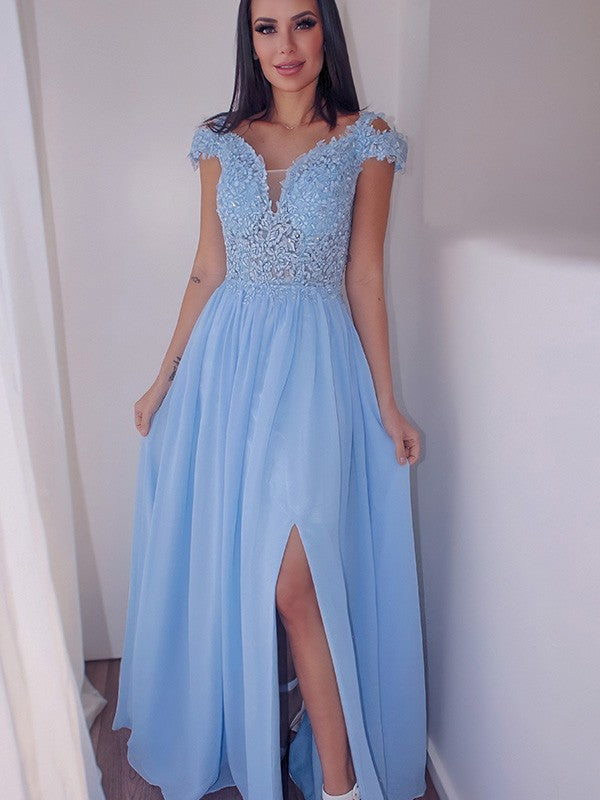 Elegant Sky Blue Cap Sleeve Long Prom Dress with Slit