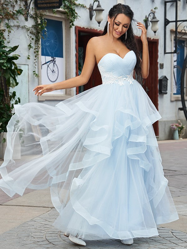Elegant Baby Blue Tulle Prom Dress with Applique, Strapless Formal Gown Elegant Baby Blue Tulle Prom Dress with Applique, Strapless Formal Gown