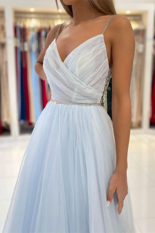 Dazzling Light Blue Tulle Prom Gown: Beaded Spaghetti Straps, Elegant Long Flowing Style