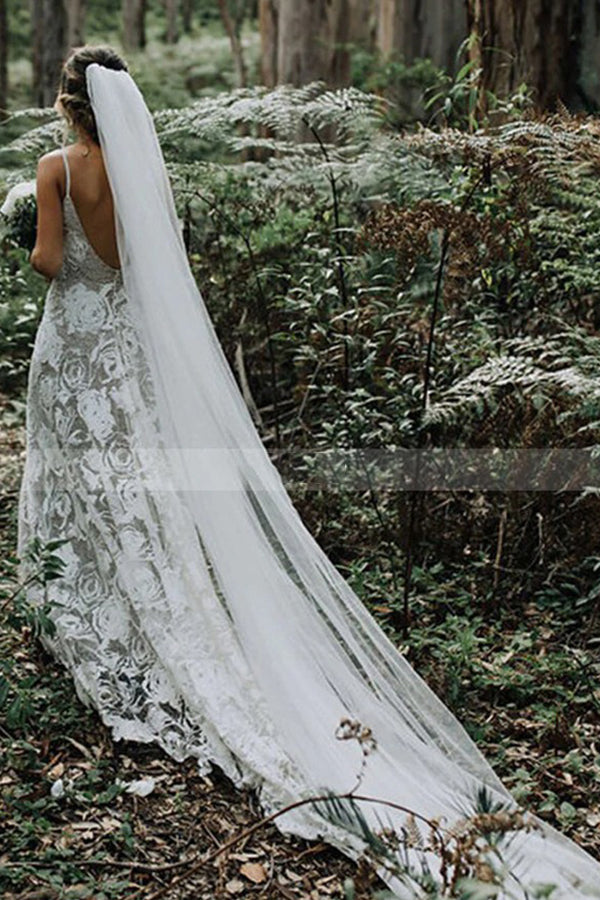 Charming Spaghetti Strap Backless A-Line Wedding Dress with Lace, Elegant Bridal Gown