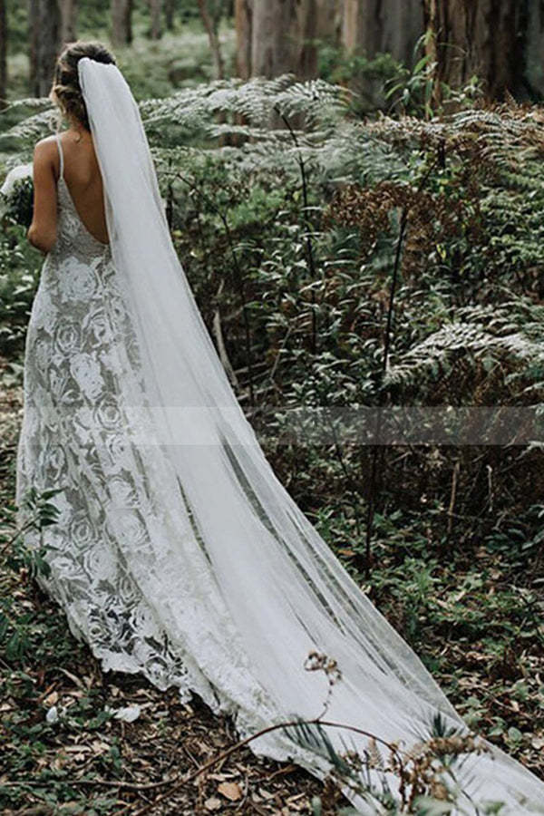 Charming Spaghetti Strap Backless A-Line Wedding Dress with Lace, Elegant Bridal Gown