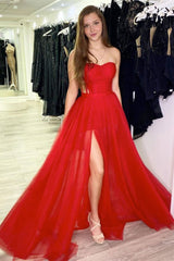 Sweetheart Red Evening Dress with Slit: Elegant A-Line Floor-Length Prom Gown