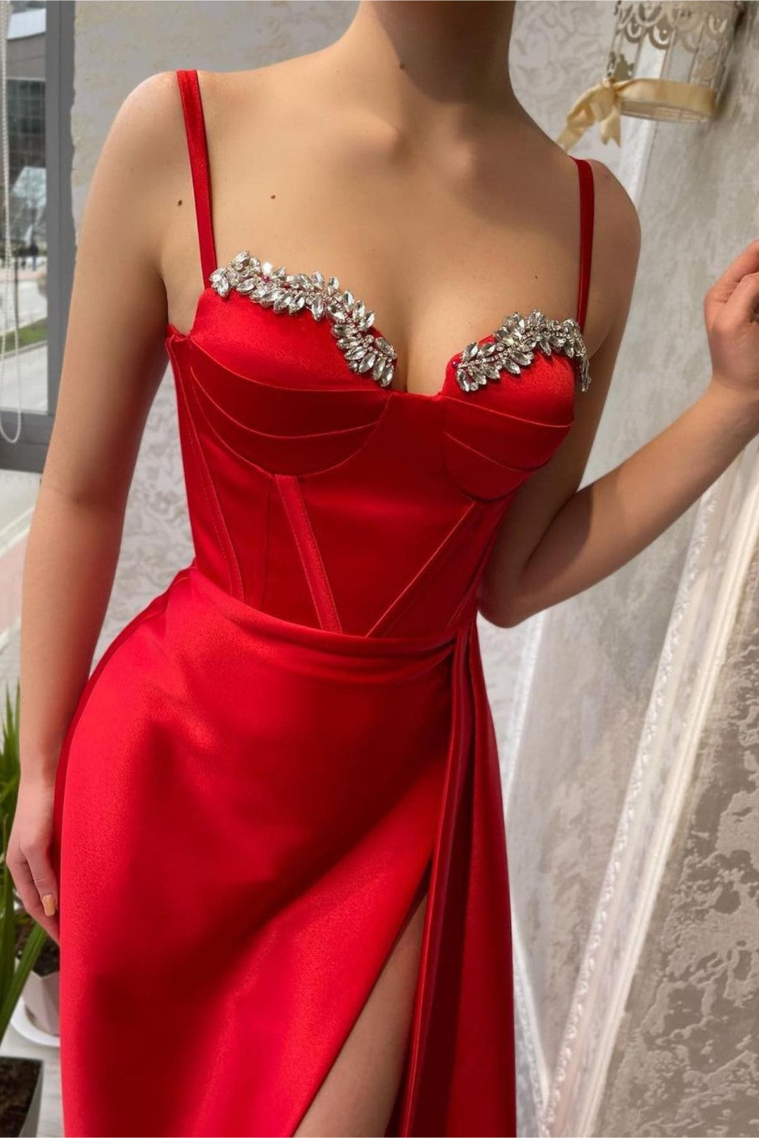 Red Charmeuse Spaghetti Strap Gown with Beaded Slit Evening Dress