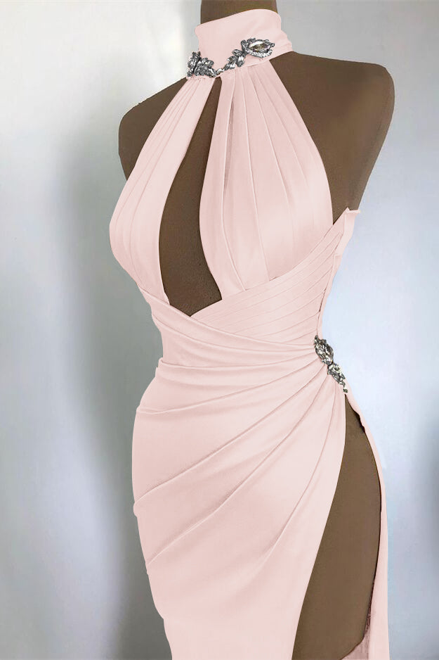 Elegant Champagne Gold Evening Dress with Off-Shoulder High Neck and Pleated Slit