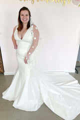 Romantic Mermaid Wedding Dress Deep V-neck with Wide Straps Open Back