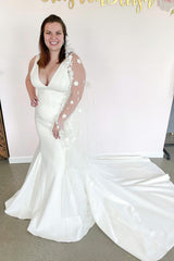 Romantic Mermaid Wedding Dress Deep V-neck with Wide Straps Open Back