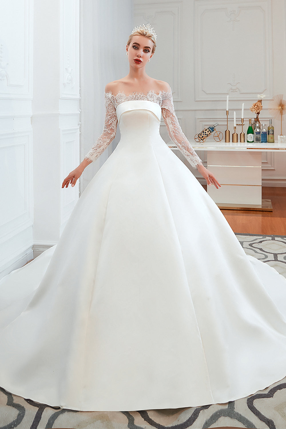 Elegant Off-Shoulder Long Sleeve A-Line Satin Wedding Gown with Delicate Lace
