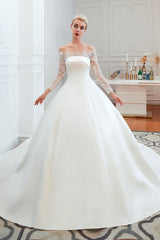 Elegant Off-Shoulder Long Sleeve A-Line Satin Wedding Gown with Delicate Lace