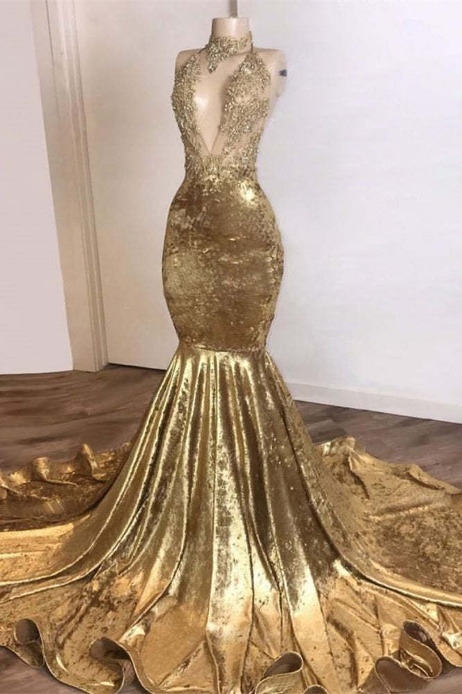 Gold High-Neck Sleeveless Mermaid Prom Dress with Lace Appliques Gold High-Neck Sleeveless Mermaid Prom Dress with Lace Appliques