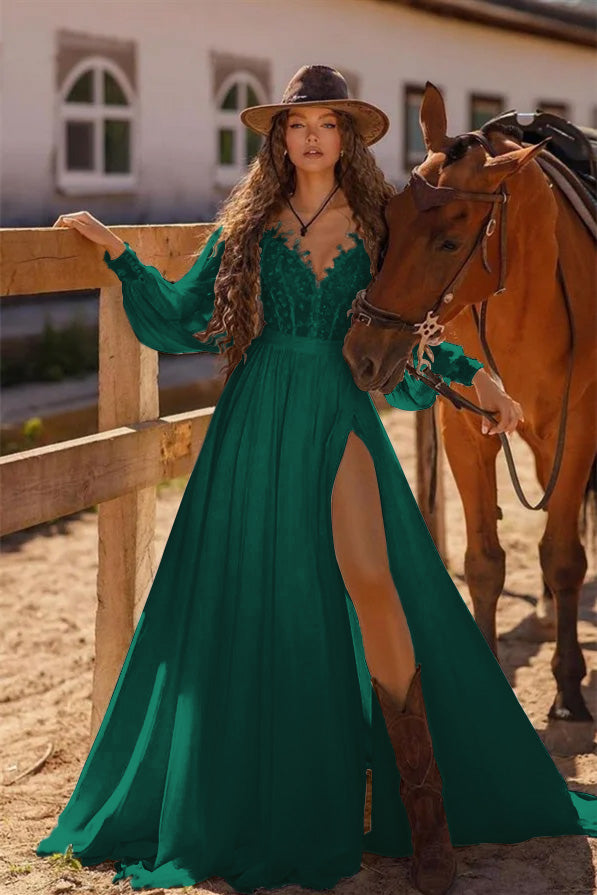 Bohemian Long Sleeve Lace Wedding Dress with High Side Split