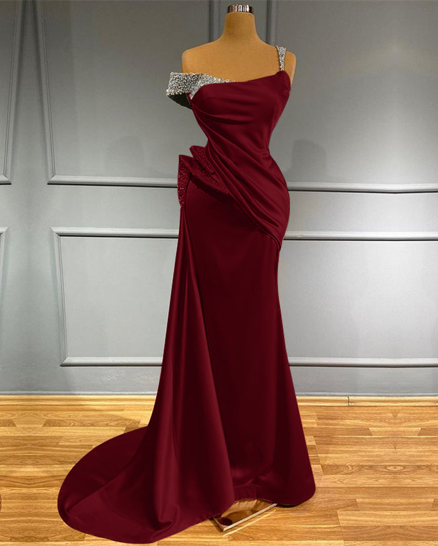 Elegant Off-Shoulder Ruffled Mermaid Evening Gown with Beaded Accents