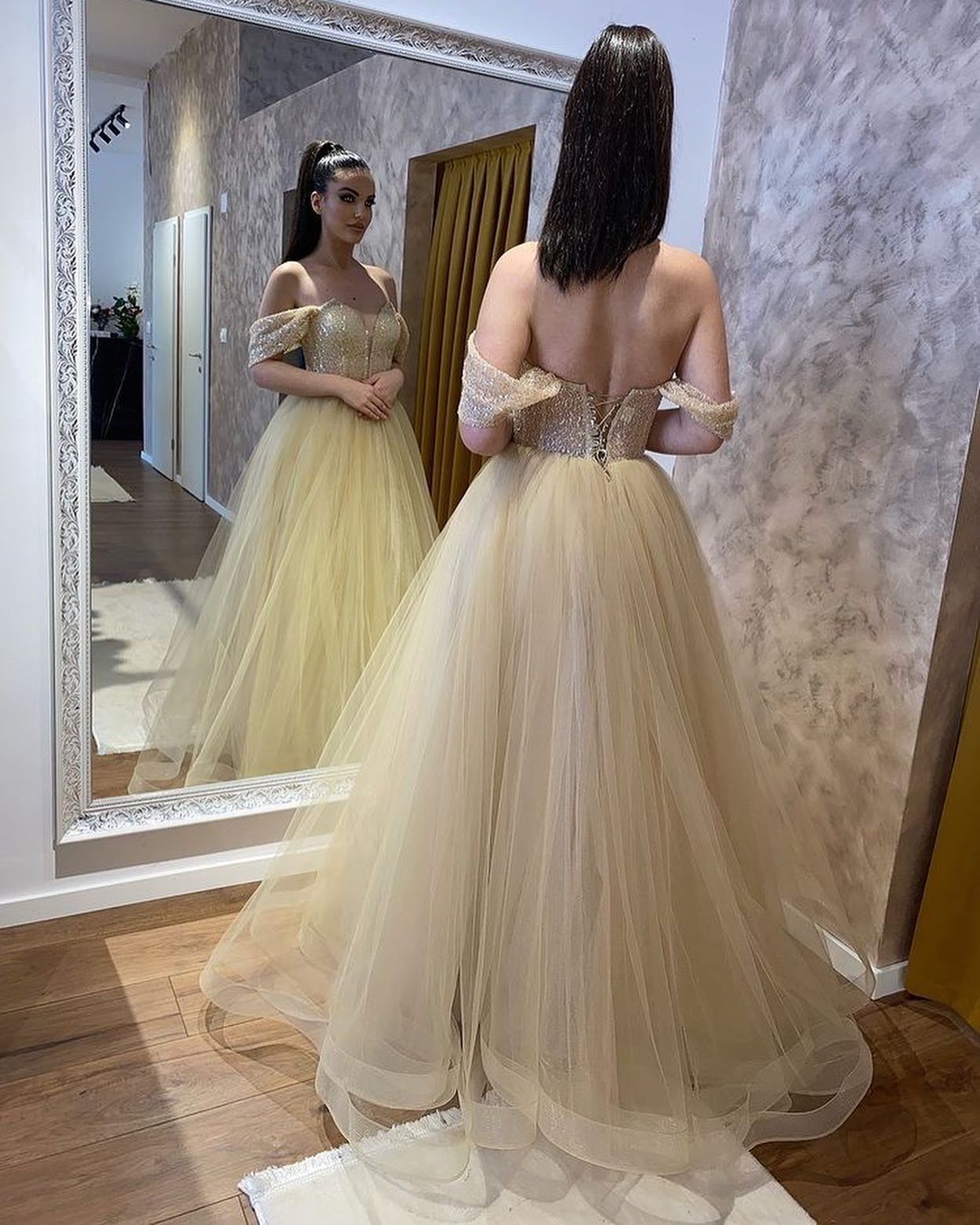 Elegant Sweetheart Off-Shoulder Beaded A-Line Wedding Gown with Tulle Ruffles