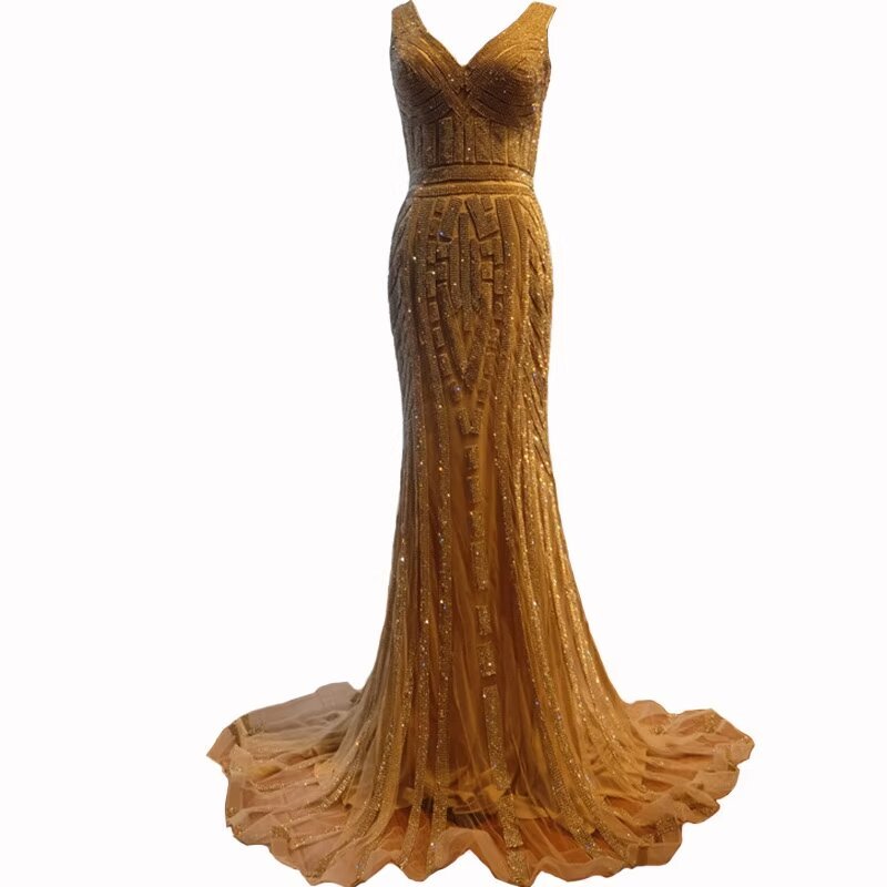 Gold Sequin Mermaid Prom Dress V Neck Long Sleeveless Evening Gown