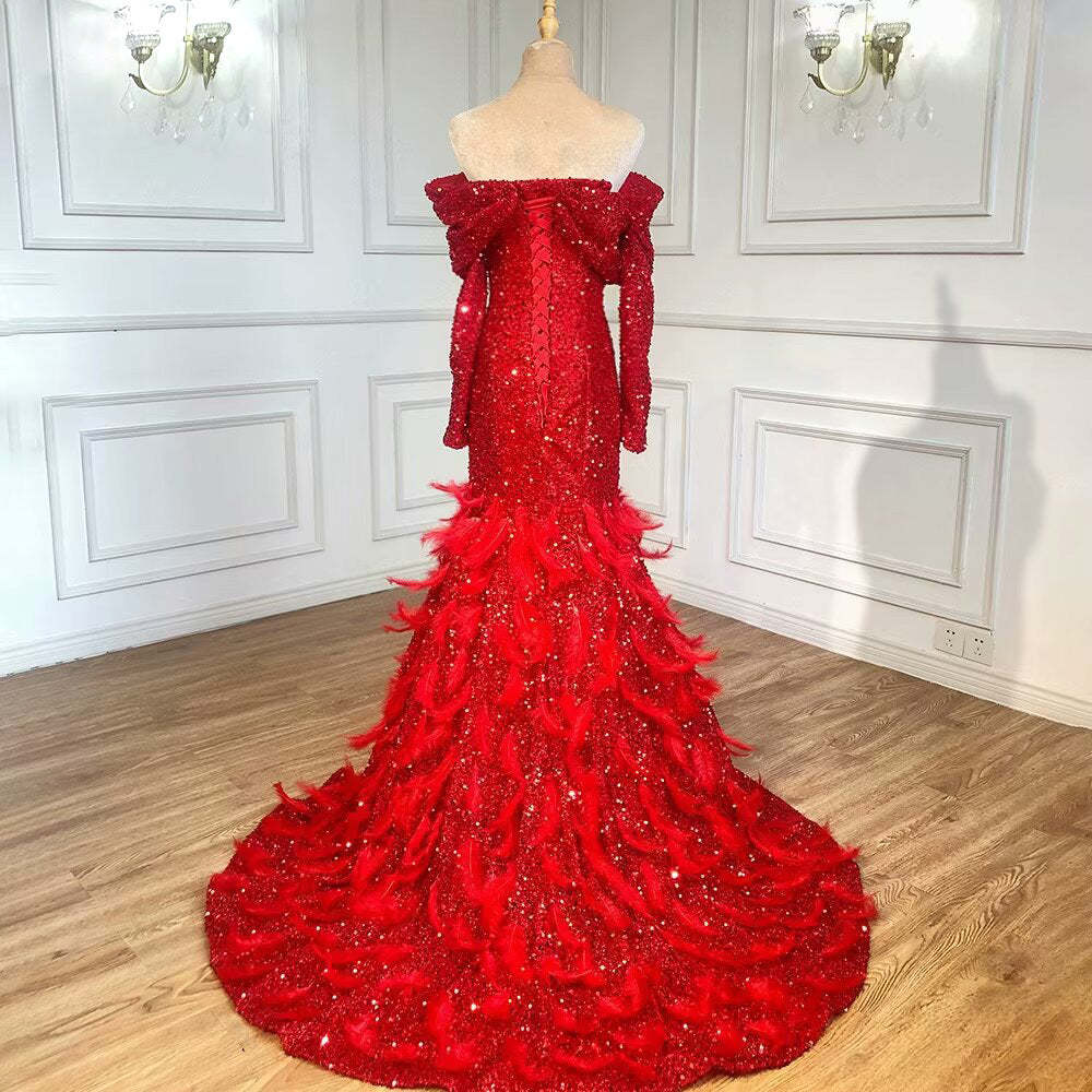 Red Sequin A-Line Prom Dress with Long Sleeves and Feather Details Red Sequin A-Line Prom Dress with Long Sleeves and Feather Details