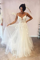 Lace Deep V-Neck Spaghetti Strap Backless A-Line Wedding Dress