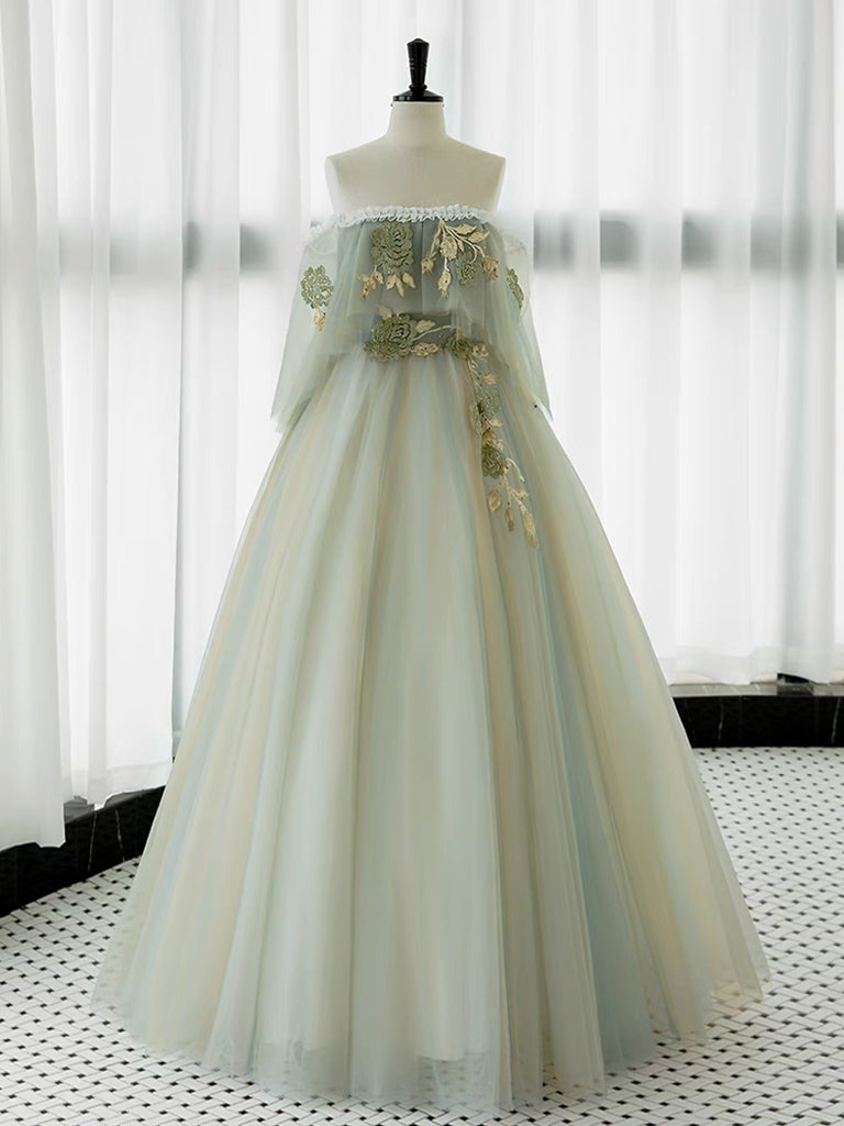 Elegant A-Line Green Tulle Lace Long Prom Dress for Formal Events