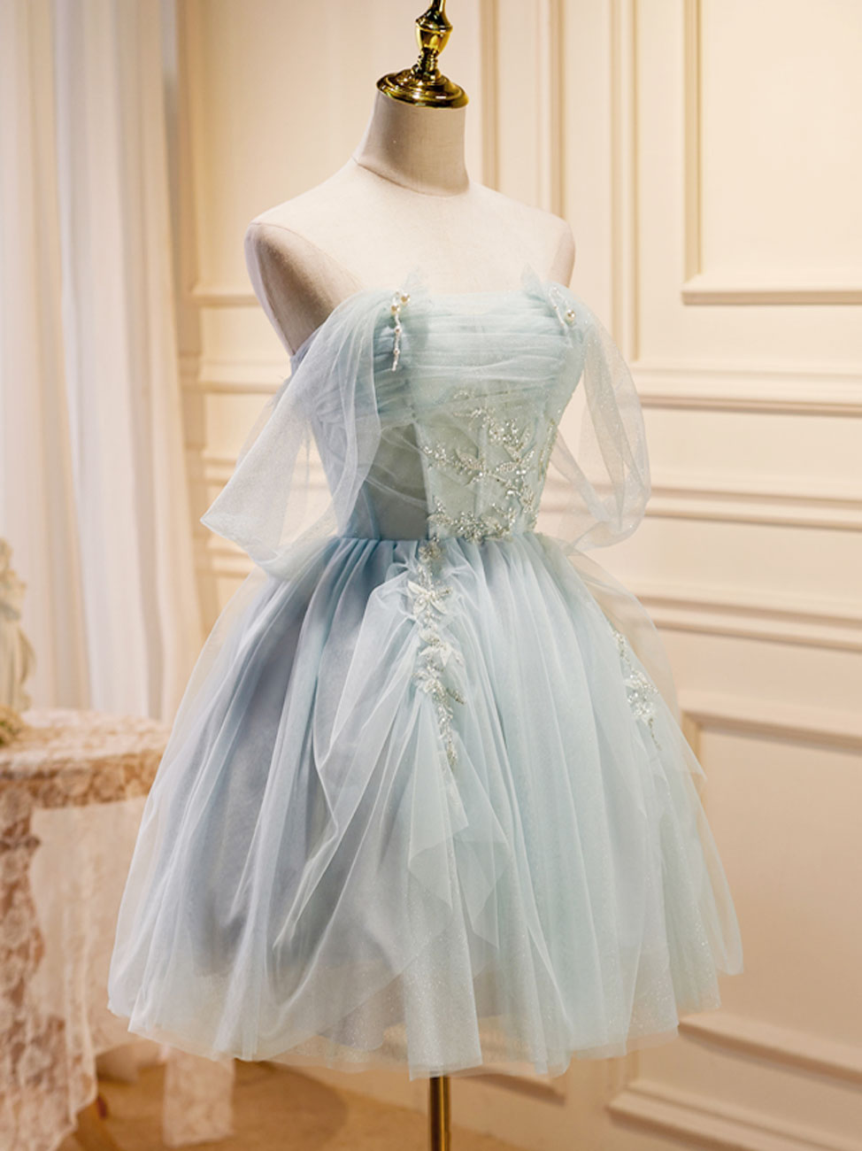 Puffy Tulle Off Shoulder Green Short Prom Dress For Women