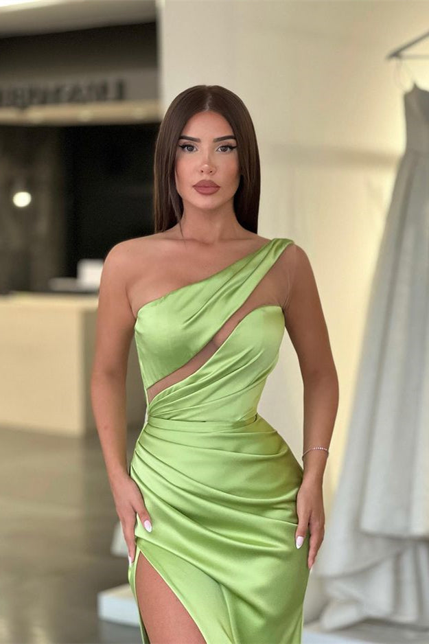 Elegant Light Green One-Shoulder Sleeveless Long Evening Dress with Slit