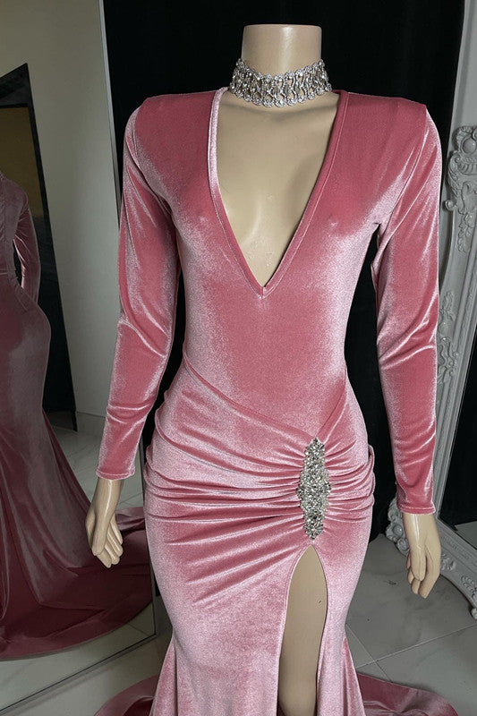 Elegant Red Long-Sleeve Prom Gown with High Slit and Pleated Details