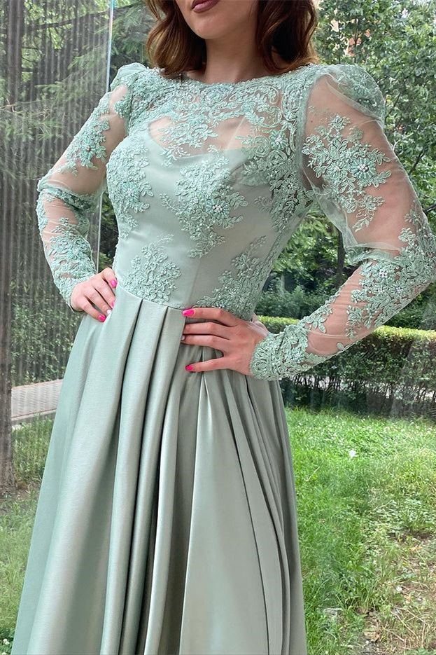 Elegant Dusty Sage Long Sleeve Lace Bodice Evening Prom Dress