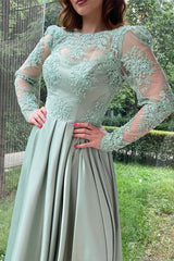 Elegant Dusty Sage Long Sleeve Lace Bodice Evening Prom Dress