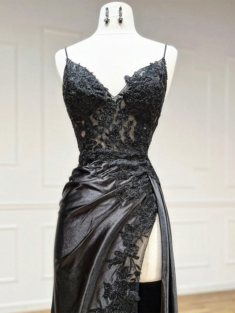 Dark Blue V Neck Satin Lace Long Prom Dress Evening Gowns