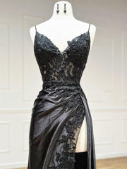 Dark Blue V Neck Satin Lace Long Prom Dress Evening Gowns