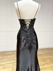 Dark Blue V Neck Satin Lace Long Prom Dress Evening Gowns