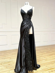 Dark Blue V Neck Satin Lace Long Prom Dress Evening Gowns