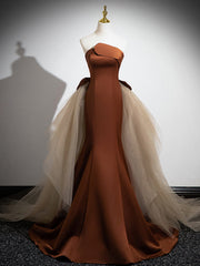 Elegant Mermaid Brown Champagne Satin Tulle Long Prom Evening Dress for Women