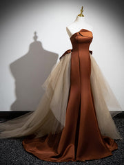Elegant Mermaid Brown Champagne Satin Tulle Long Prom Evening Dress for Women