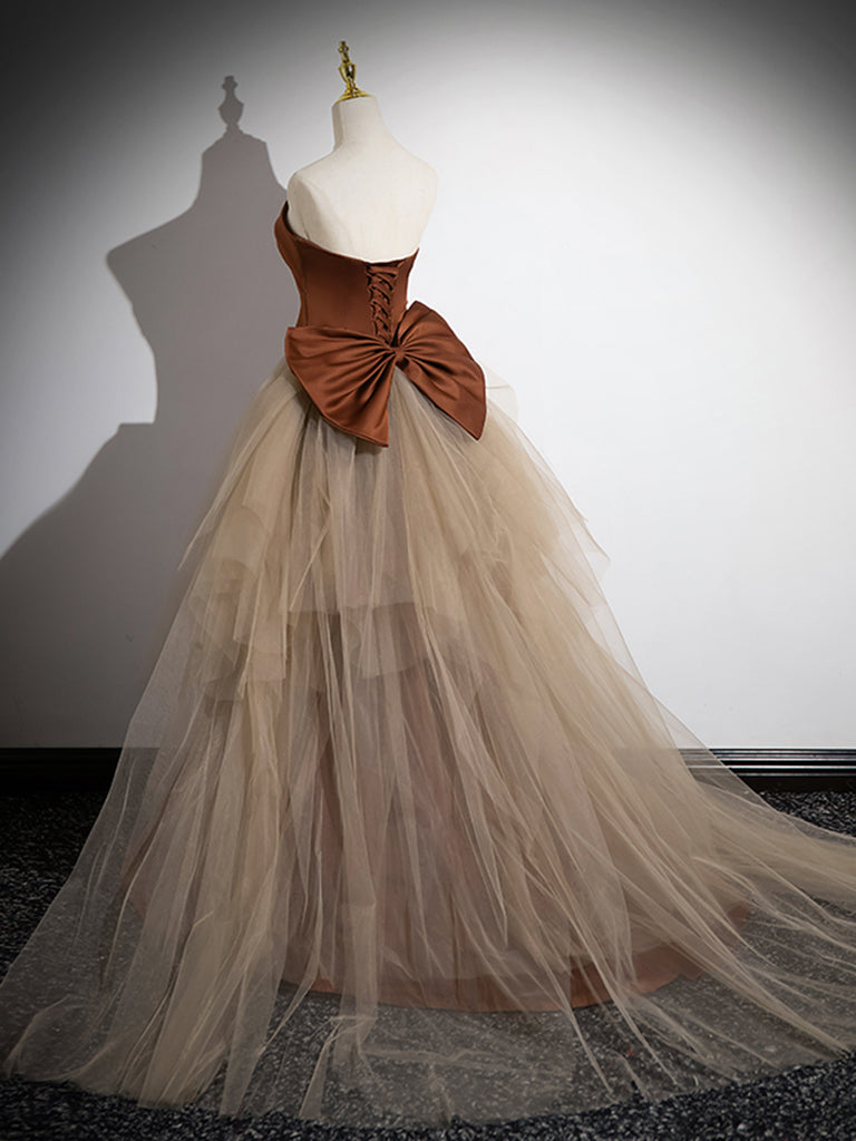 Elegant Mermaid Brown Champagne Satin Tulle Long Prom Evening Dress for Women