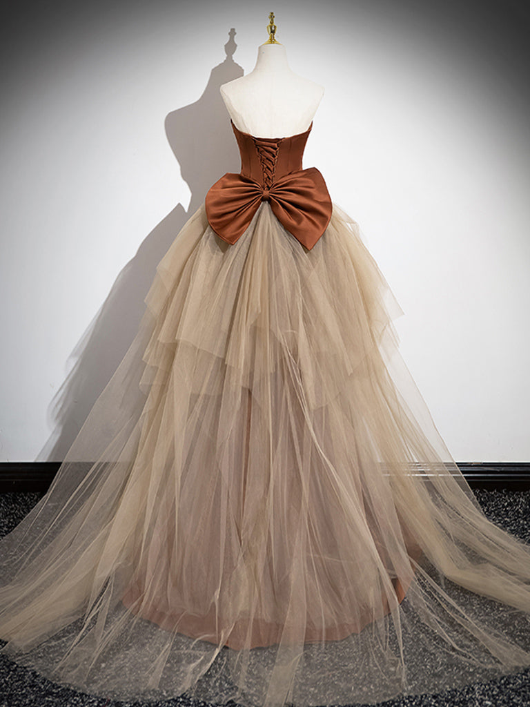 Elegant Mermaid Brown Champagne Satin Tulle Long Prom Evening Dress for Women
