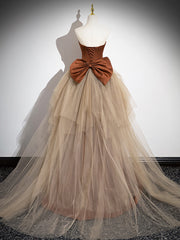 Elegant Mermaid Brown Champagne Satin Tulle Long Prom Evening Dress for Women