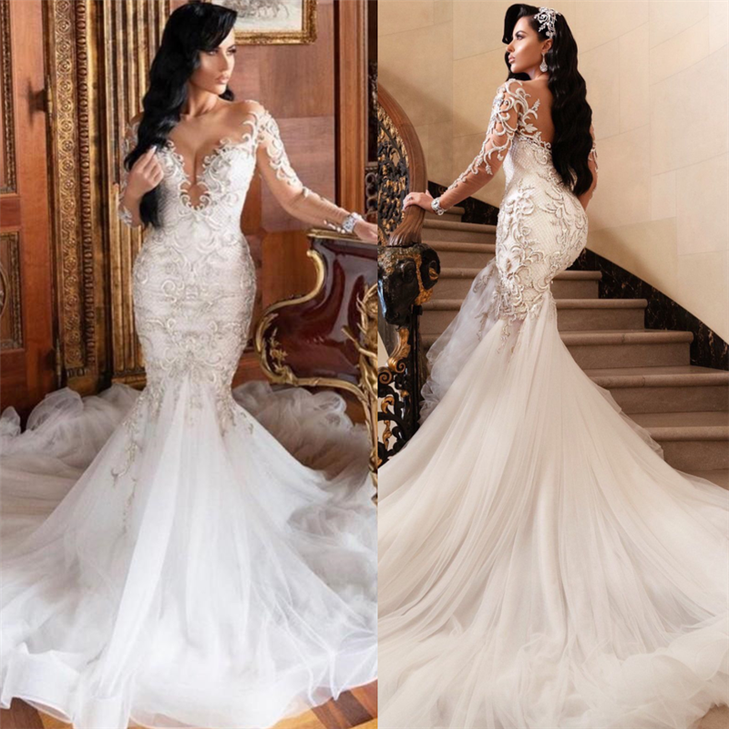 Long Sleeve Mermaid Lace Applique Wedding Gown with Chapel Train