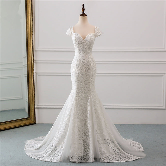 Elegant Sweetheart Lace Mermaid Wedding Gown with Cap Sleeves and Train