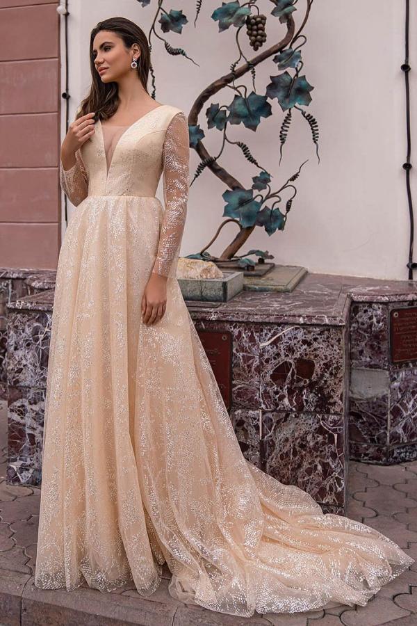 Sparkling A-Line V-Neck Wedding Dress with Elegant Long Sleeves and Glitter Accents