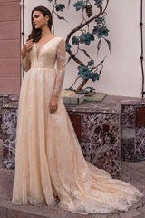 Sparkling A-Line V-Neck Wedding Dress with Elegant Long Sleeves and Glitter Accents