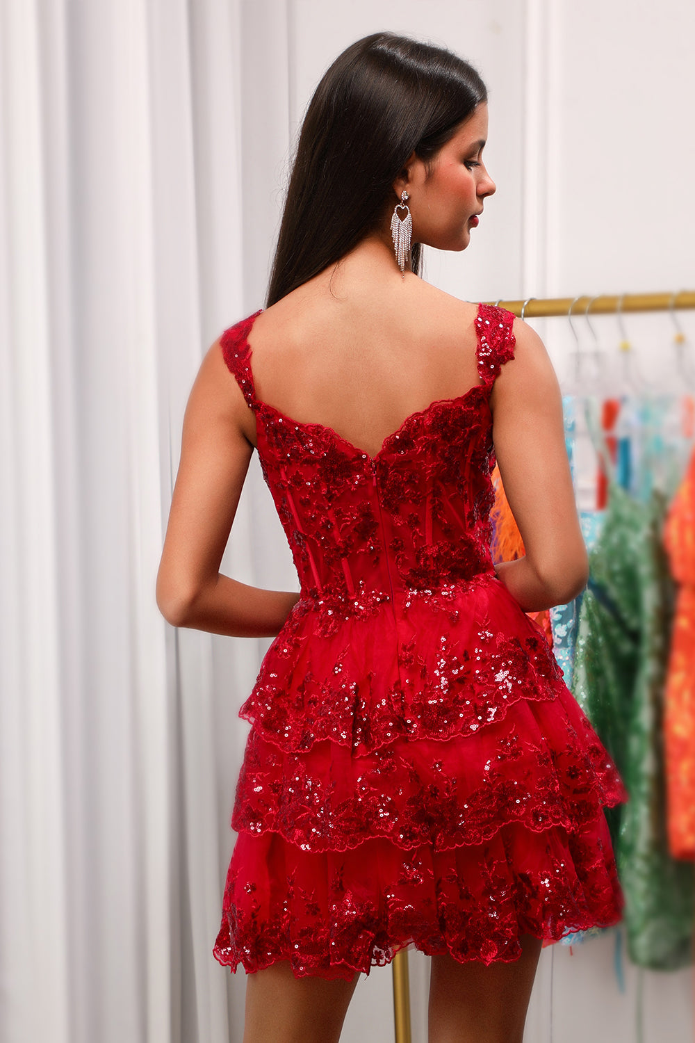 Sparkly Red Corset Tiered Lace A-Line Homecoming Dress for Women