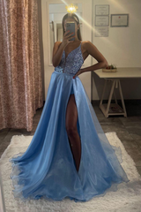 Lace-Up V-Neck Spaghetti Strap Long Prom Dress with Thigh Slit