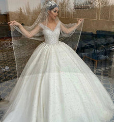 Sweetheart Off-the-Shoulder Backless Ball Gown Wedding Dress with Pearl Details