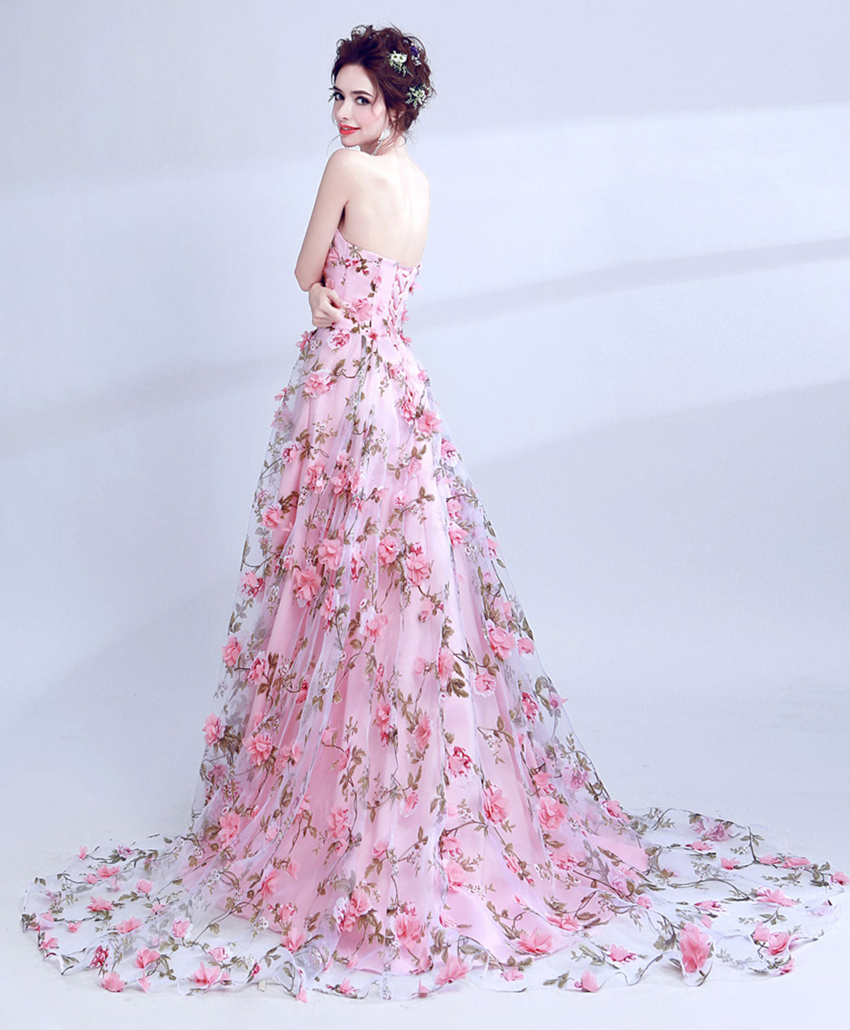 Pink Tulle 3D Flowers Long Prom Evening Dress For Women